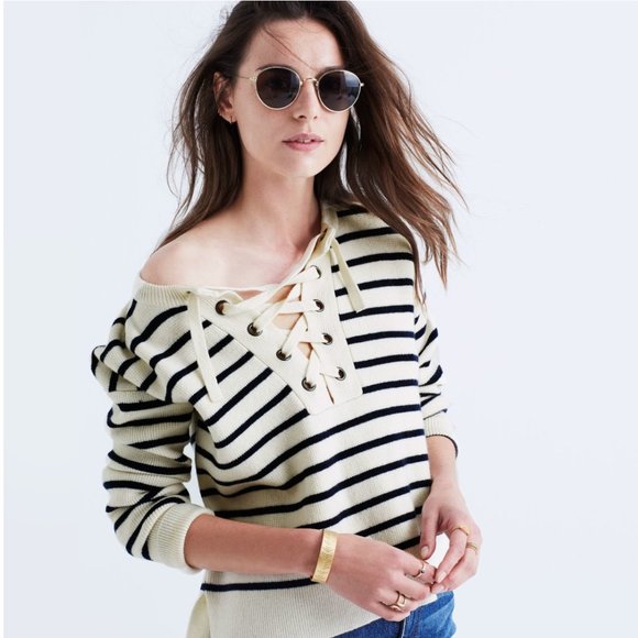 Madewell Sweaters - Madewell Cream & Blue 100% Merino Wool Drop Shoulder Lace up Sweater Size L